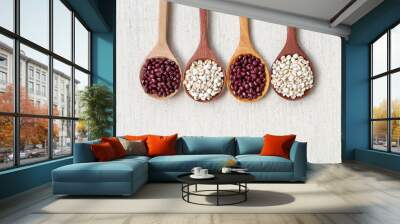 Organic red beans and Job's tears seed in design wooden spoon on canvas texture background Wall mural