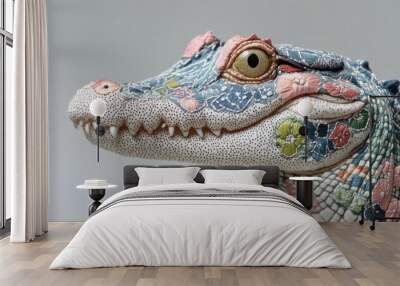 Alligator covered in delicate Sashiko stitching, intricate Japanese textile, traditional embroidery, illustration, no blur, photo not dark, everything is clear, copy space Wall mural