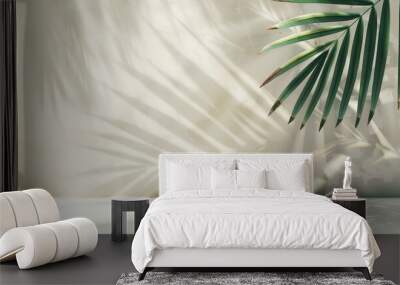 palm leave's blurred shadow on light pastel wall. Minimalistic beautiful summer spring background Wall mural