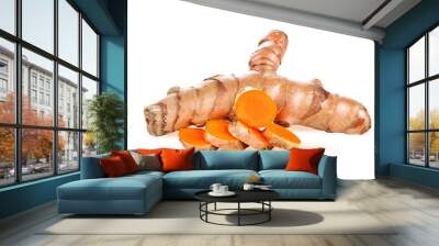 Closed up sliced fresh turmeric plant on white background,for food or cosmetic ingredient concept on transparent. Wall mural