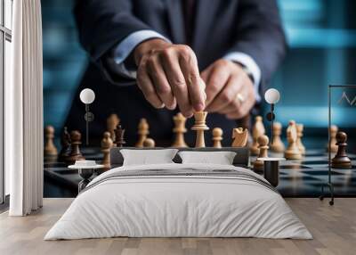 a savvy businessman strategically moves chess pieces on the board game, showcasing planning, leaders Wall mural