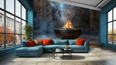 Burning Incense in Ornate Antique Bronze Ritual Bowl with Smoke and Flame Wall mural