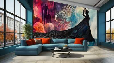 Captivating Couture Shimmering Satin Gown in Vibrant Jewel Toned Palette Wall mural