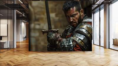 Formidable Medieval Warrior in Armor Wielding Sword and Shield Wall mural