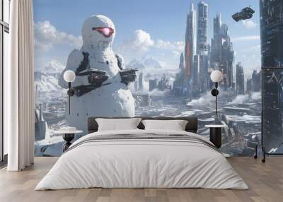 Futuristic Winter Cityscape with Snowy Robot in Surreal Sci Fi Setting Wall mural