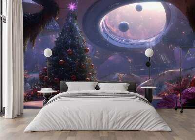 Interstellar Xeno Anthropologists Adapt Earth s Christmas Traditions for Alien Cultures in Lush Solarpunk Habitat Dome Wall mural