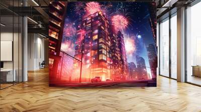 New Year's Eve Festivity: Colorful Fireworks Over the City's High-Rise Buildings Wall mural