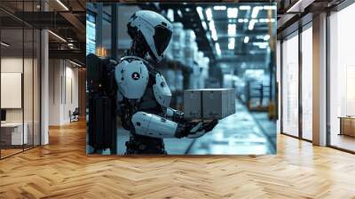 Robotic Exoskeleton Assisting Worker in Futuristic Logistics Facility with Powerful Hydraulic Limbs and Sleek Industrial Design Wall mural