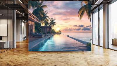 Serene Tropical Sunset Infinity Pool Overlooking Lush Coastline and Wooden Bungalow Resort Wall mural