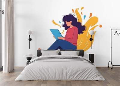 Teenage Girl Sitting and Using Digital Tablet with Vibrant Geometric Design Elements Wall mural