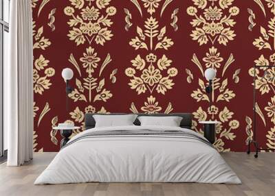 Design an elegant pattern with symmetrical waves and floral motifs in the style of traditional Indian color scheme of maroon Wall mural