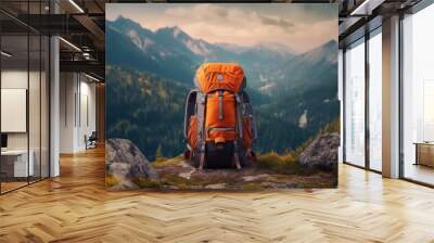  Large hiking and trekking backpacks The background image is a mountain forest. wide-angle lens realistic lighting Wall mural