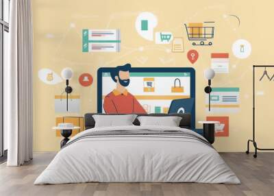 A businessman navigating a seamless e-commerce platform on his laptop, with virtual shopping icons and home delivery services displayed Wall mural