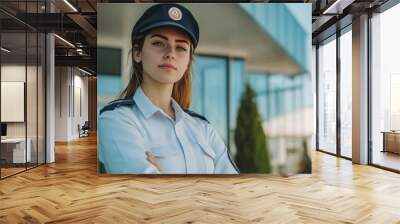 A confident female security guard in uniform standing at the entrance of a corporate building, watching over the area with a professional demeanor Wall mural