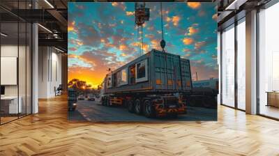 A crane truck transports mobile office buildings or container site offices to construction sites, assisting in the mobilization of projects Wall mural