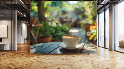 A cup of coffee on a table overlooking the garden at a cafe Seamless looping time-lapse 4k animation video background Wall mural