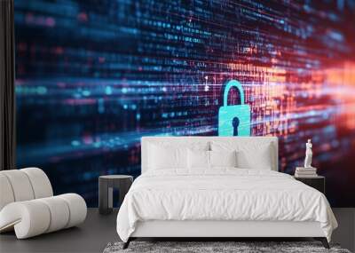 A data security concept showing a digital padlock over a stream of binary code, with encrypted data flowing behind it Wall mural