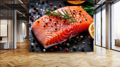 A Fresh raw salmon fish steak with spices on dark stone background. Creative layout made of fish, top view, flat lay macro lens soft lighting Wall mural