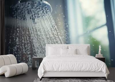 a fresh shower behind a wet glass window with water drops splashing from the shower head and faucet in a modern bathroom. Wall mural