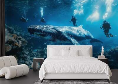 A group of scuba diving students under the surface of a coral reef in a tropical ocean with a big whale Wall mural