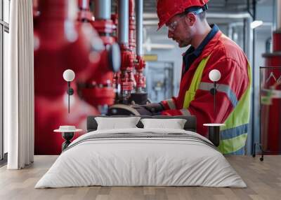 A hydraulic engineer checking the safety of equipment during installation, ensuring proper functionality and safety measures are in place Wall mural