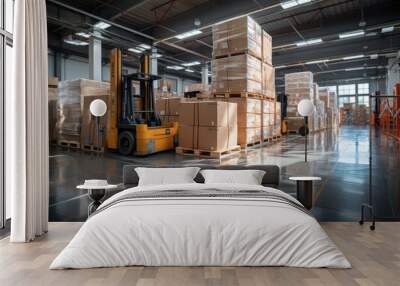 A large retail warehouse filled with shelves with goods stored on manual pallet trucks in cardboard boxes and packages. driving a forklift in the background Logistics and distribution facilities  Wall mural