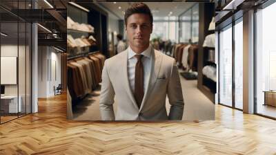 A man in a classic suit stands in the fitting room of a luxury men's boutique. Wall mural