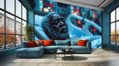 A middle-aged African man lies in a hospital ward. which connects to life support equipment and monitors Wall mural