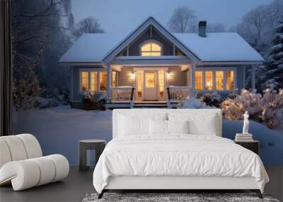 A modern luxury cottage exterior is covered with deep snow on a winter evening. Wall mural