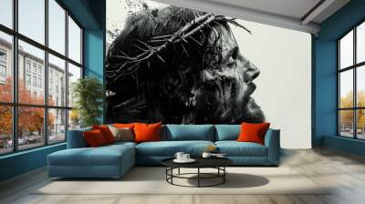 A painting depicting the sacred heart of Jesus Christ, an abstract minimalist ink line art drawing of a side profile of the face of Jesus tattered wearing a crown of thorns Wall mural