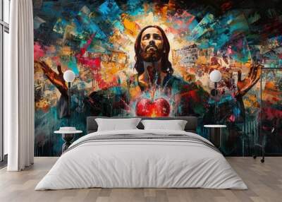 A painting depicting the sacred heart of Jesus Christ Wall mural