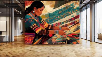 A scene of a Native American woman weaving a traditional blanket, with intricate patterns and vibrant colors Wall mural