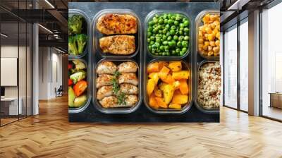 A set of meal-prepped containers filled with balanced meals for the week, showcasing lean proteins, grains, and vegetables Wall mural