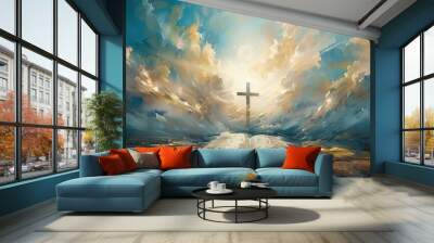 A sky-based illustration of a cross and an open Bible. Wall mural