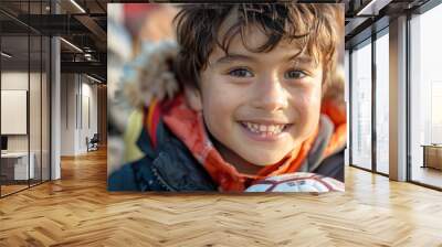 A young fan beaming with joy, holding a signed football, embodying the spirit of the game. Wall mural