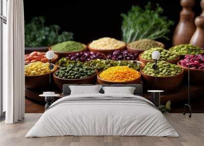 All kinds of different types of beans in simple pots on a wooden table: black beans, red beans, white beans, fabes, broad beans, alluvian chickpeas, green lentils, black lentils. Wall mural