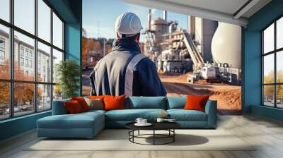 An engineer uses a tablet computer on his machine to control the loading of cement onto a mixer truck in a concrete plant. Wall mural