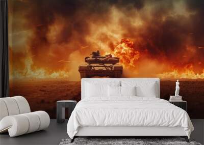 An epic invasion war scene with fire and the desert and armored tanks crossing a minefield. Wide poster design with copy space. Wall mural