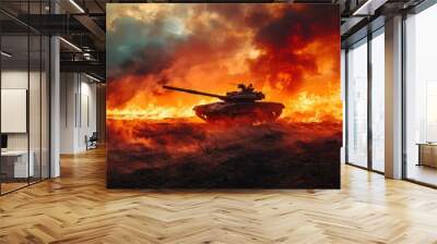 An epic invasion war scene with fire and the desert and armored tanks crossing a minefield. Wide poster design with copy space. Wall mural