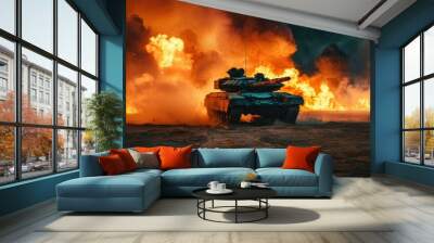 An epic invasion war scene with fire and the desert and armored tanks crossing a minefield. Wide poster design with copy space. Wall mural