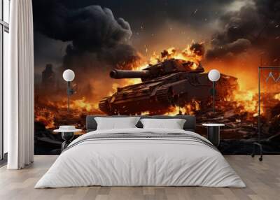 Armored tanks crossing minefields during war invasion Epic scene of fire and parts in the destroyed city as a flag Wall mural