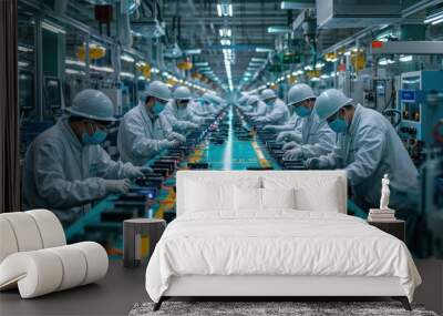 Asian workers working at technology production factory with industrial machines Wall mural