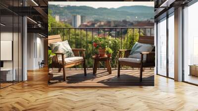 Beautiful balcony or terrace with two chairs, natural material decorations Wall mural