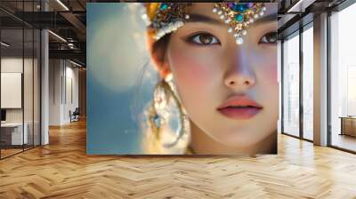 Beautiful face of a Mongolian girl, with traditional makeup and jewelry, set against a soft-focus background Wall mural