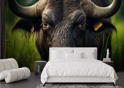 Black water buffalo on green grass field Wall mural