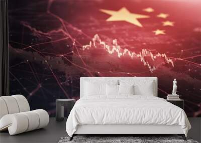 China flag overlay with financial charts, representing growth in the economy Wall mural