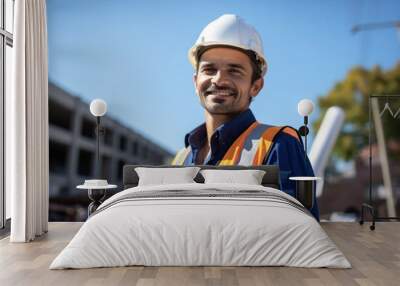 Civil Engineer Hispanic smiling with Constuction Wall mural