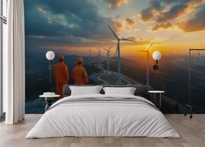 Close-up of two male engineers in safety suits standing on a wind turbine. Wall mural