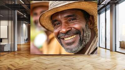 Close-up portrait of happy farm workers with sun hats Wall mural