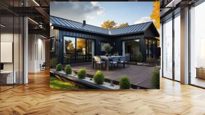 corrugated metal roof installed in a modern house. Corrugated metal roof Modern roof made of metal Metal sheet roof. Wall mural